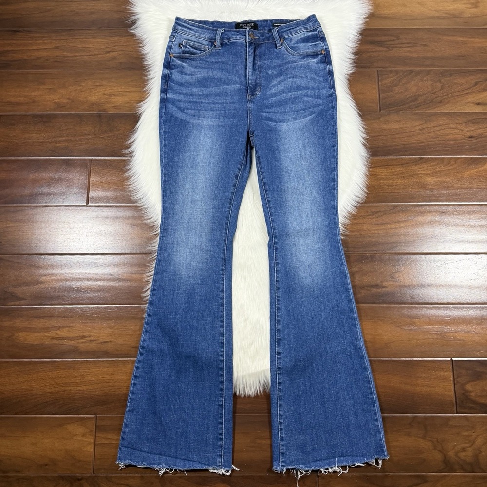 Judy Blue Womens Size 32 Medium Wash Control Top Flare Denim Jeans Raw Edge Hems